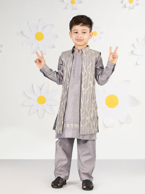 Boy's' Purple Jacket,Kurta And Pyjama Set.